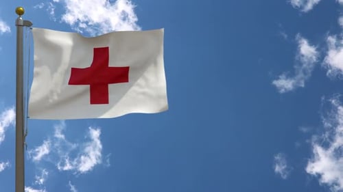 Red Cross Flag Waving Realistic Loop against Blue Sky