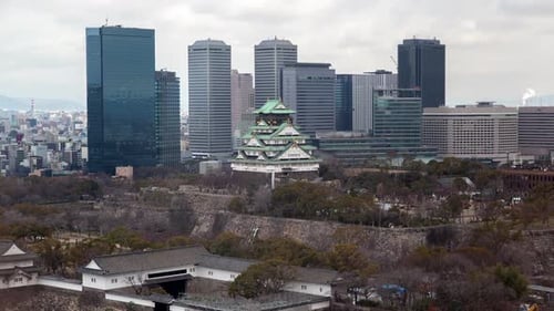 Osaka Samurai Temple Against Skyscrapers Timelapse