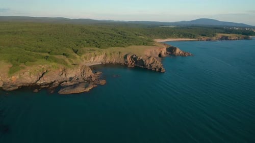 Drone flight around a picturesque rocky coastline