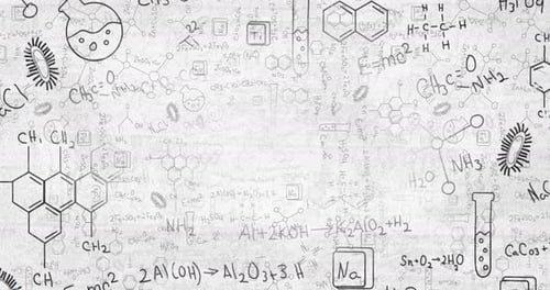 Chemical structures and diagrams moving against white background