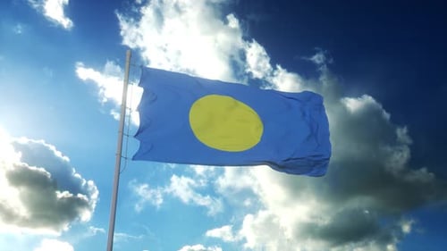Palau Flag Waving Animation on Cloudy Blue Sky