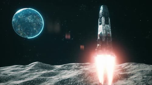 Futuristic Space Rocket Arrives at Moon Base