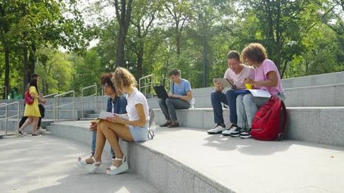 Young Adults Studying Together Outdoors on Steps