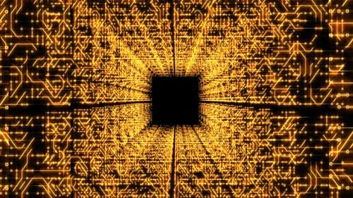 Glowing Digital Circuit Board Tunnel Background Loop