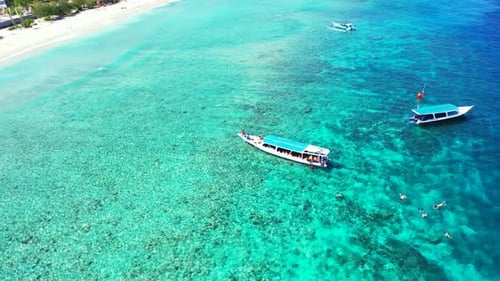 Aerial drone panorama of tropical lagoon beach lifestyle by blue lagoon and white sand background of