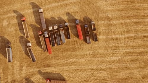Aerial View of Grain Trucks on the Field