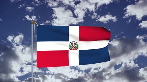 Dominican Republic Flag Waving in Realistic Blue Sky