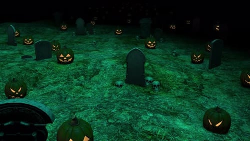 Halloween Cemetery Scene with Spooky Jack-o'-lanterns and Tombstones