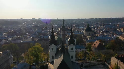 Aerial Video of Saint Mikhail Church in in Central Part of Old City of Lviv, Ukraine