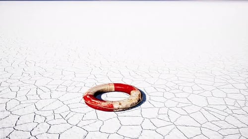 Distressed Red and White Lifebuoy on Cracked White Desert