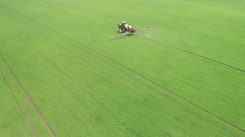 Aerial Footage of Tractor Fertilizing with Chemicals a Green Agriculture Wheat Field