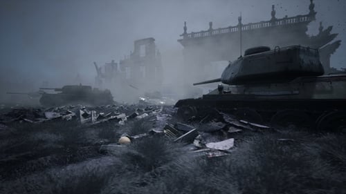 War Torn City with Abandoned Tanks Animation