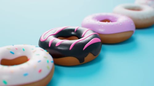 One row of colorful glazed donuts. Seamless looping animation. Sweet dessert.