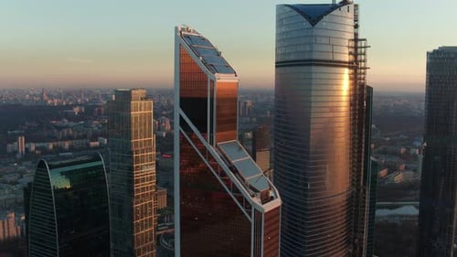 Moscow City Business Centre at Sunset, Aerial View