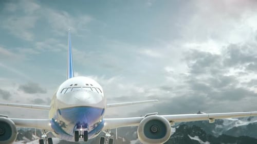 Cinematic Passenger Airplane Flyover Above Majestic Mountains