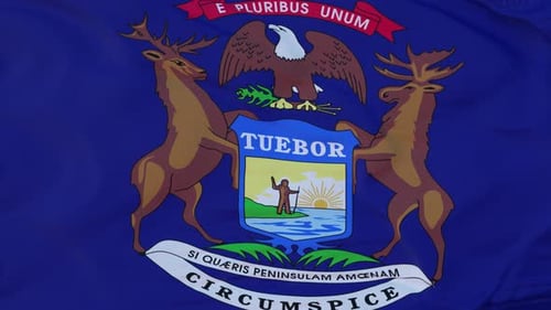 Waving Michigan State Flag with Official Seal