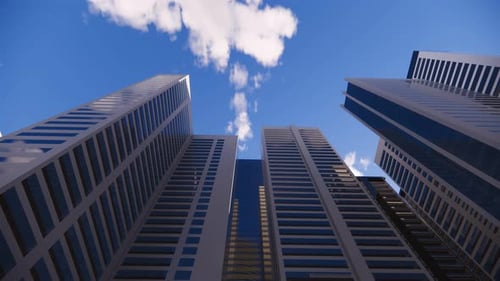 Render 3D de una ciudad brillante abstracta con rascacielos. Formas simples de edificios