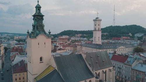 Aerial City Lviv, Ukraine. European City. Popular Areas of the City. Town Hall