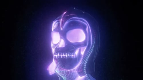 Futuristic Holographic Skull Animation with Glowing Neon Wireframe