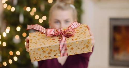 Woman Holds Gold Star Gift Box For Christmas