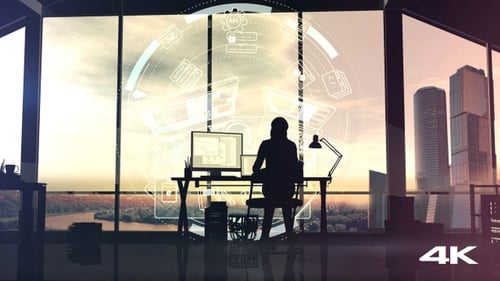 Web Developer At The Computer On Infographic Background 4K