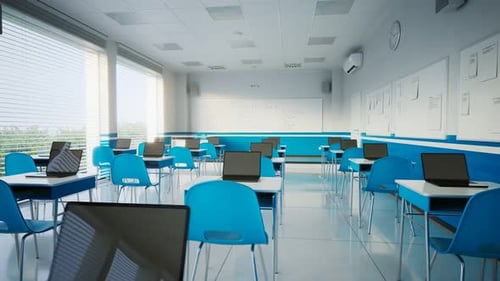 Animation des leeren modernen Klassenzimmers. Schule während COVID-19. Bildung.
