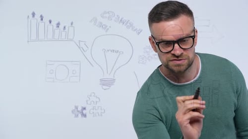 Man Draws Various Growth Charts Calculating Prospects for Success in a Modern Glass Office