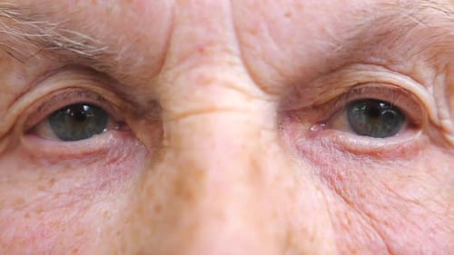 Portrait of Elderly Woman Watching Pensive Into Camera and Blinking. Close Up of Wrinkled Female
