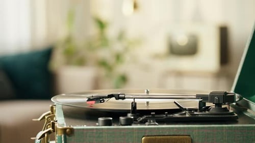 Retro Record Player Spinning in Living Room
