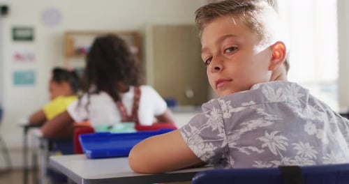 Fair-Haired Child Looks Back in Classroom Setting
