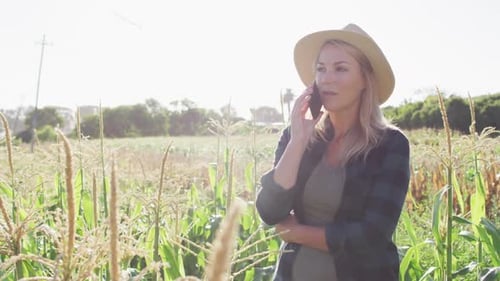 Video of happy caucasian woman using tablet and smartphone in field on sunny day