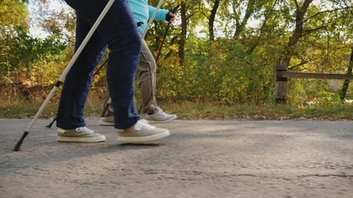 Elderly Senior Women Practicing Nordic Walking, Close-up