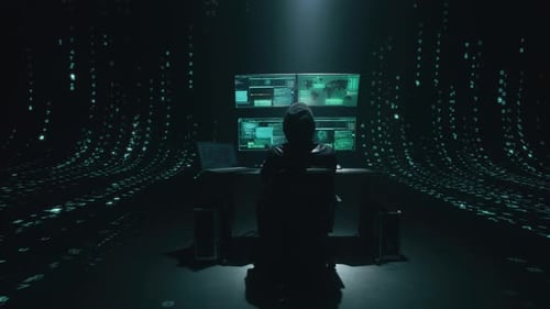Hacker Working on Computer in Dark Room