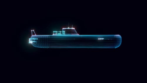 Futuristic Wireframe Submarine Hologram 3D Animation