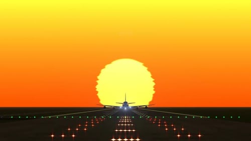 Flugzeug startet gegen Sonnenuntergang oder Sonnenaufgang von der Landebahn des Flughafens