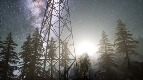 Milky Way Galaxy and Power Tower in Forest Night Sky