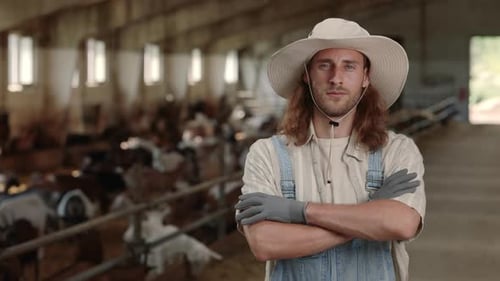 Adult With Goats in a Barn