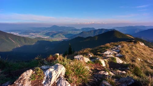 Mountain hilly landscape in the Carpathian hills. Towns and villages in the valley.
