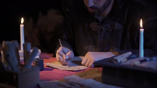 Man Writing by Candlelight with Quill in Dark Setting