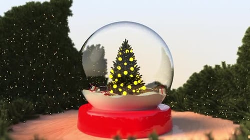Animated Christmas Snow Globe with Decorated Tree and Falling Gifts
