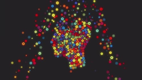 Animated Gears Form Human Head Silhouette with Neon Outline