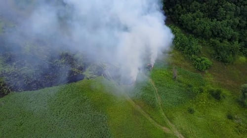Dangerous Fire in on the Grass Near the Forest, Top View. Aerial Shot of Dense Smoke From a Fire in