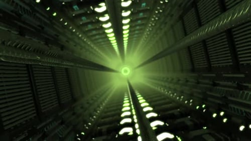 Flying Through Green Lit Sci-Fi Technology Tunnel Loop