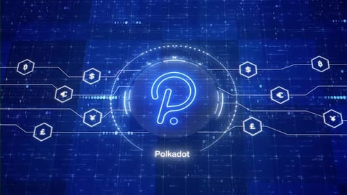 Polkadot blockchain animated logo. DOT cryptocurrency. Crypto dot in digital