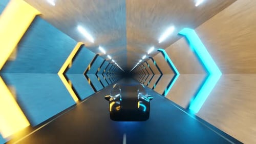 Futuristic Car Driving Fast Through Neon Cyber Tunnel