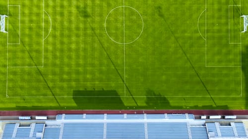 Soccer Field in Stadium with No People on Grass Turf - Aerial Overhead Drone