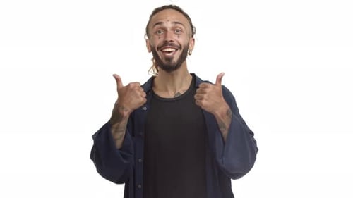 Adult Man Gives Double Thumbs Up on White