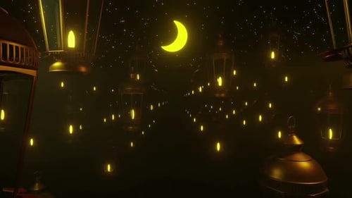 Golden Ramadan Lanterns with Crescent Moon and Starry Sky Animation