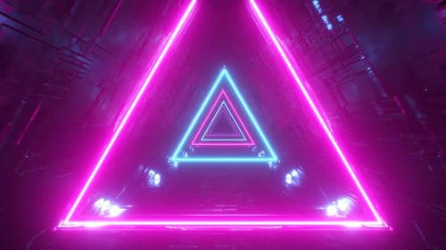 Sci-fi Tunnel with Neon Triangles. Endless Flight Forward. Modern Neon Lighting. Seamless Loop 3d