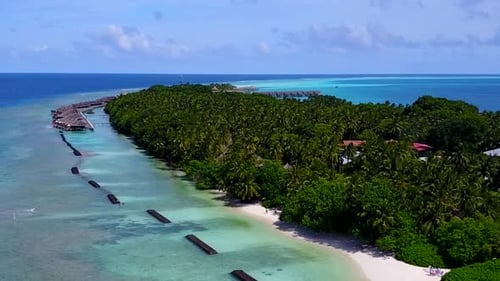 Aerial drone travel of lagoon beach by blue sea and sand background
